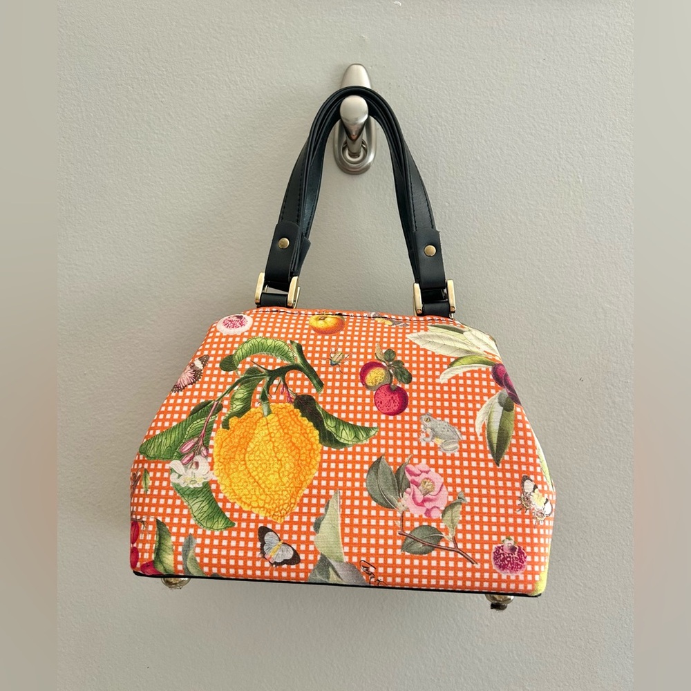 RARE Carson & Company Orange Checkered Vegetable Print Doctors Bag Handbag - Picture 4 of 9
